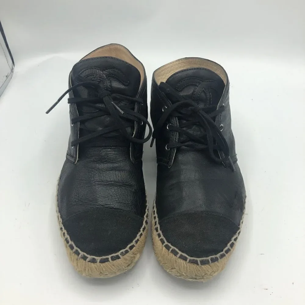 Chanel Black Leather Espadrilles High Top Sneakers CC‎